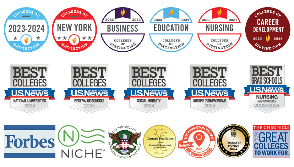 Logos of recent recognitions: Niche, Forbes, U.S. News and World Report, Colleges of Distinction,  Carnegie Foundation, The Princeton Review, Great Colleges to Work For